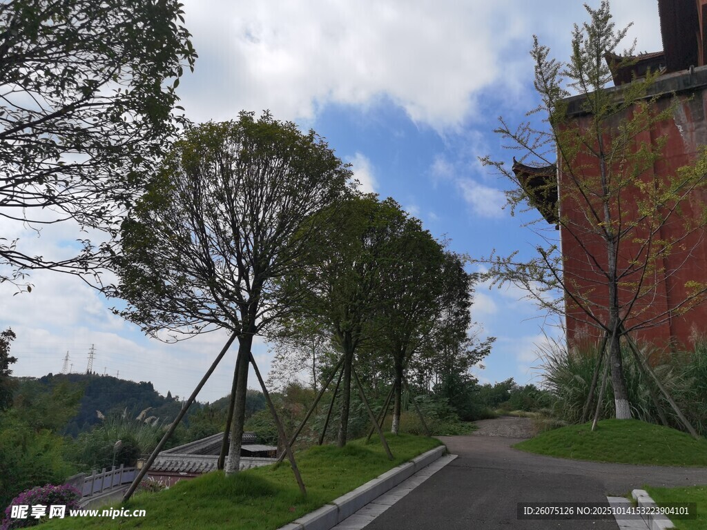 山间小路与红墙建筑旁的葱郁树木