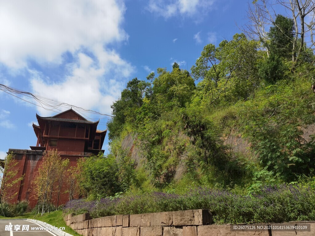 古建旁绿意盎然的山坡