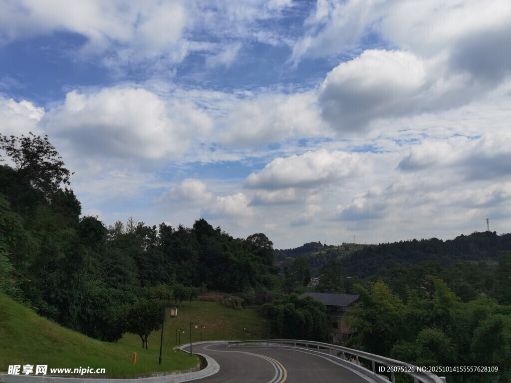 蜿蜒公路旁的秀丽山林