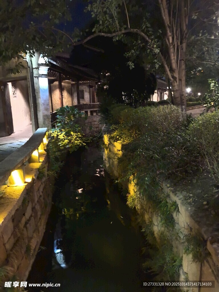 夜晚静谧的中式园林水景