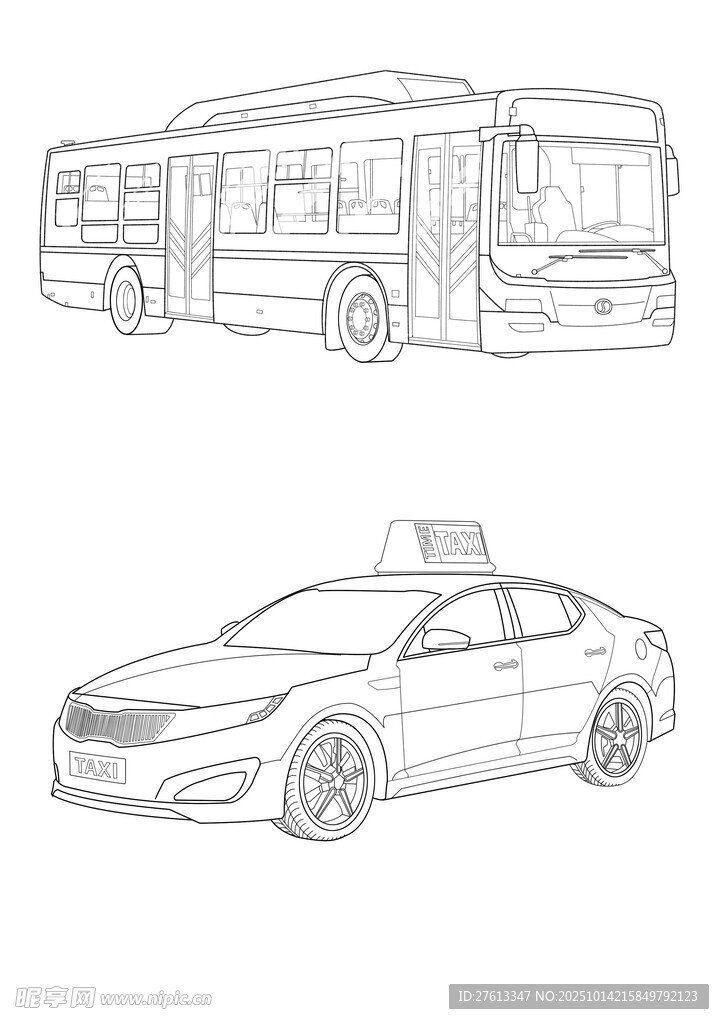公交与出租车手绘线条画