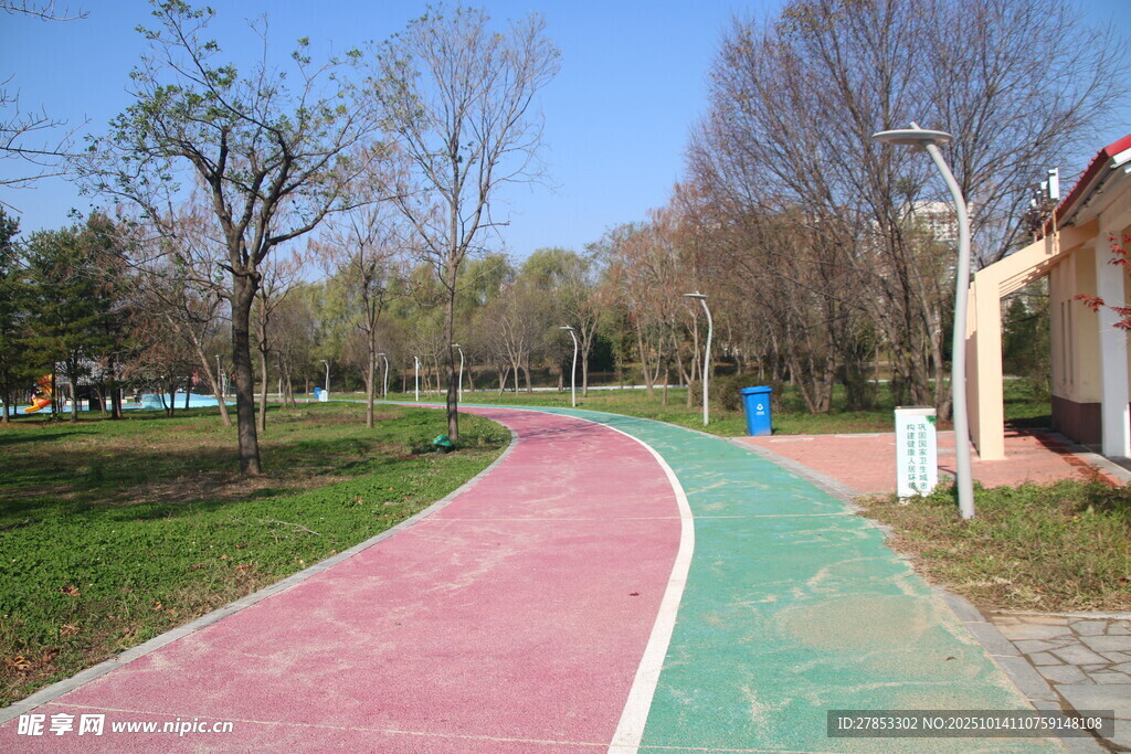 彩色步道旁的公园美景