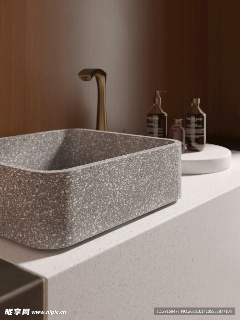 灰色水磨石洗手盆特写
