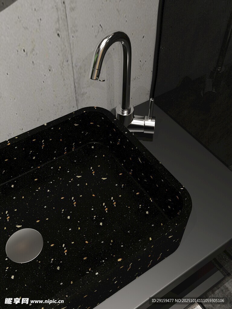 黑色斑点水槽与水龙头