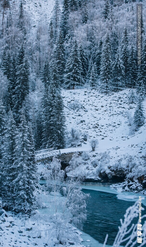 冬日雪覆山林中的幽蓝湖水