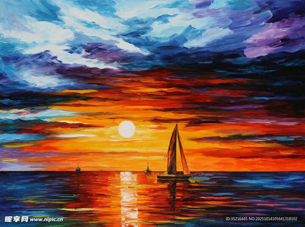 海上落日帆船油画美景