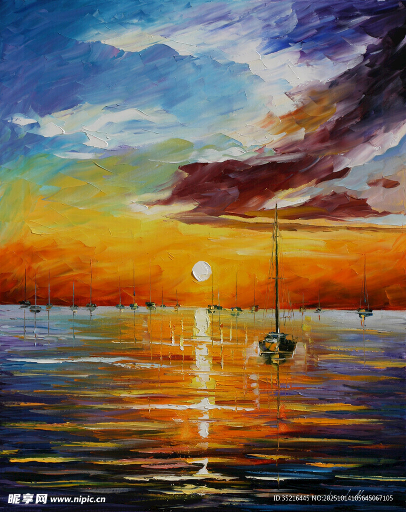 海上日落美景油画