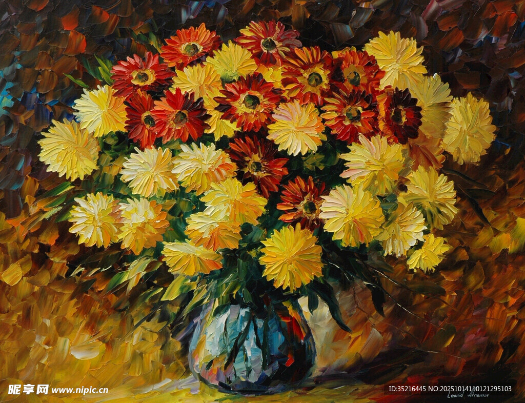 花瓶中的多彩花卉油画