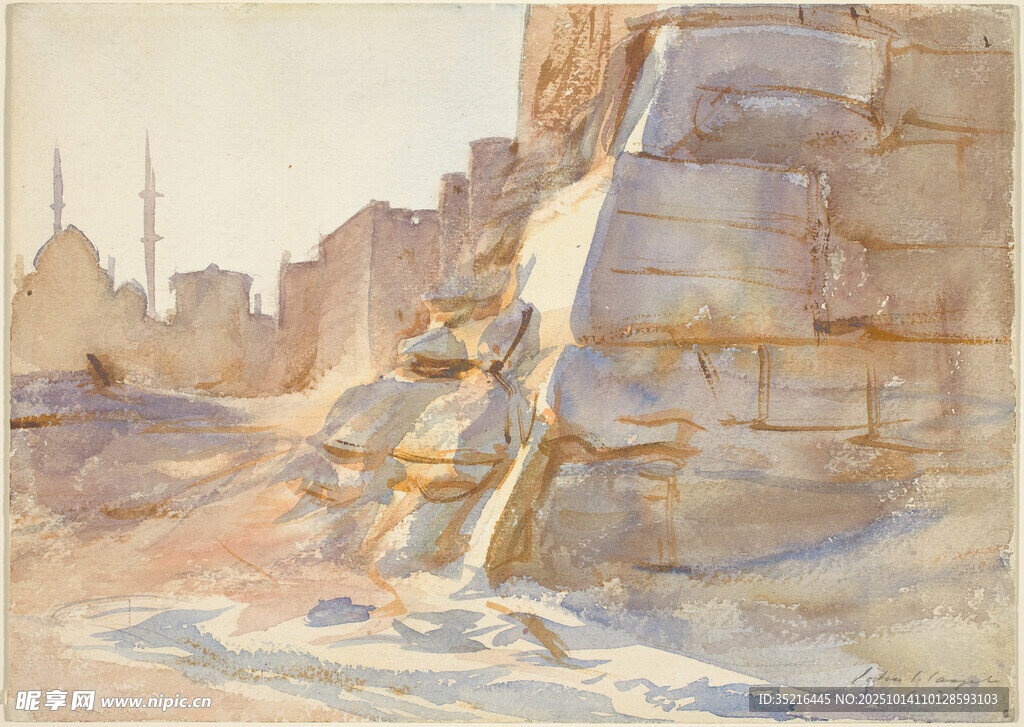 古老城市景观水彩画