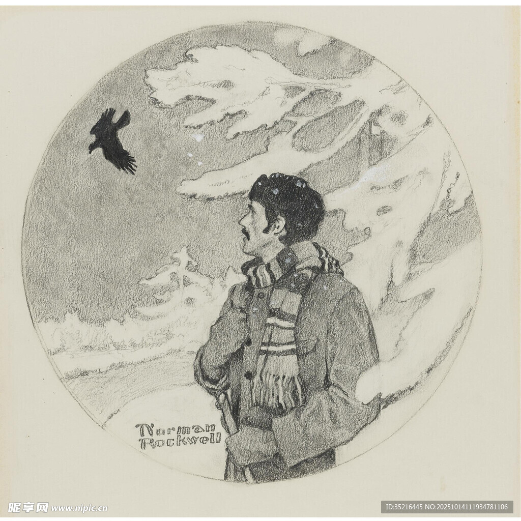 雪中男子与飞鸟的静谧画面