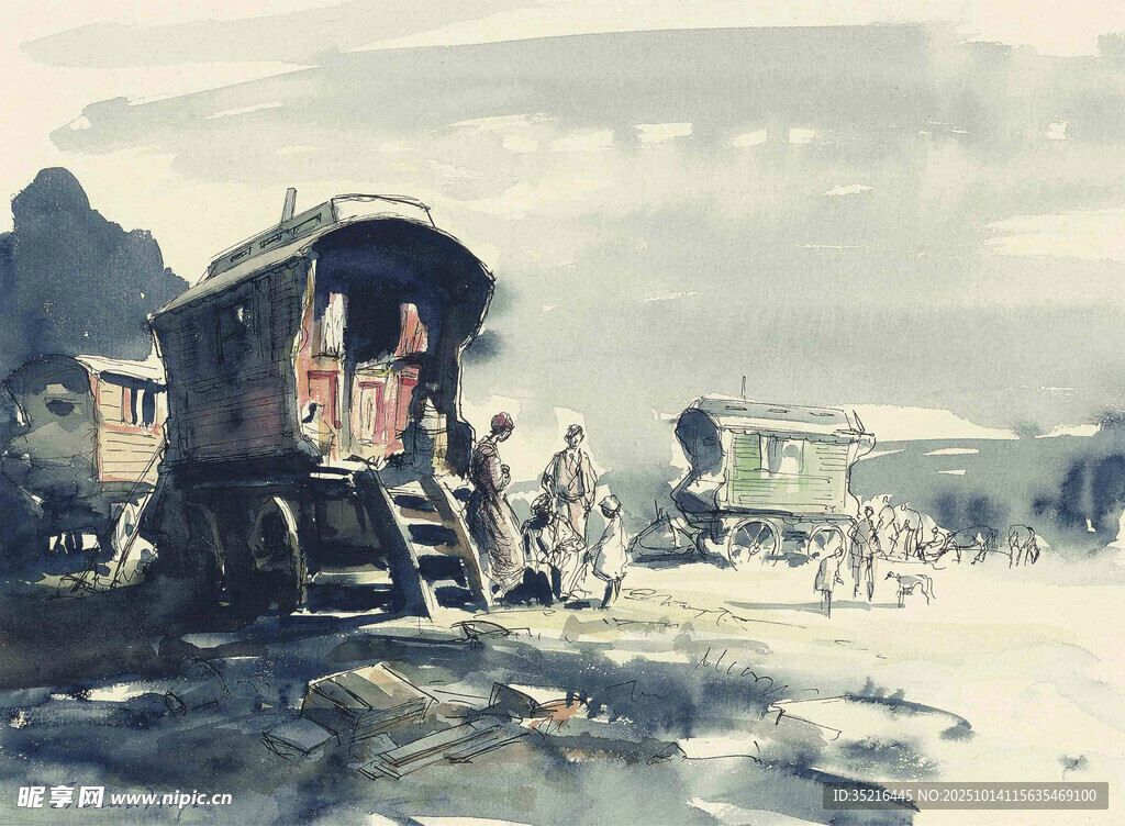 江边古船人物风情画