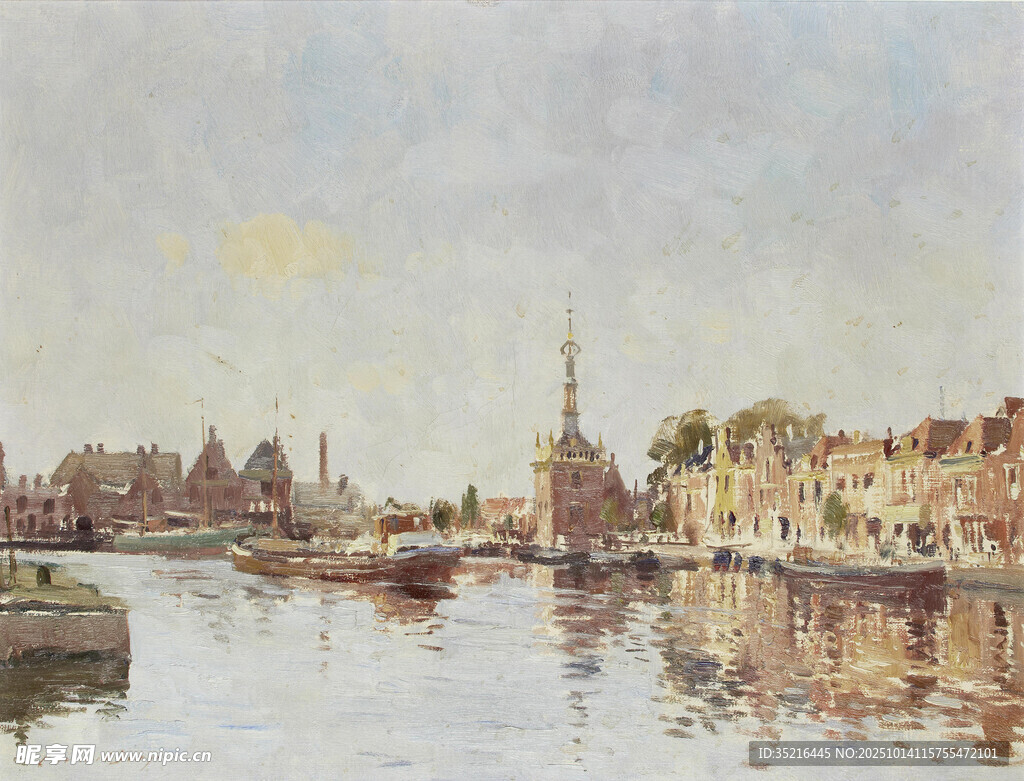 河畔城镇风景油画