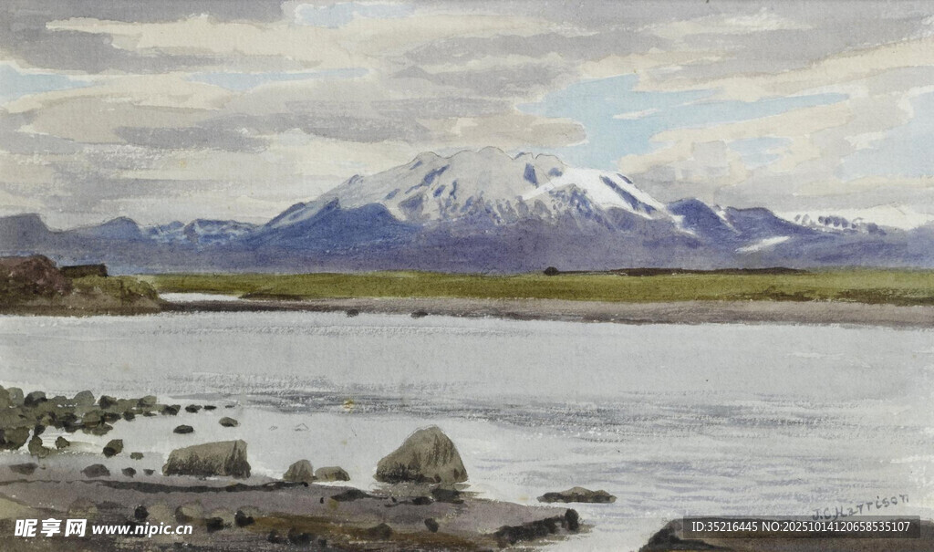 湖畔雪山风景图