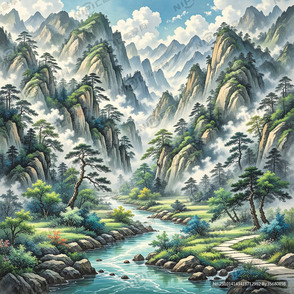 山谷 中国风 中国画 山水