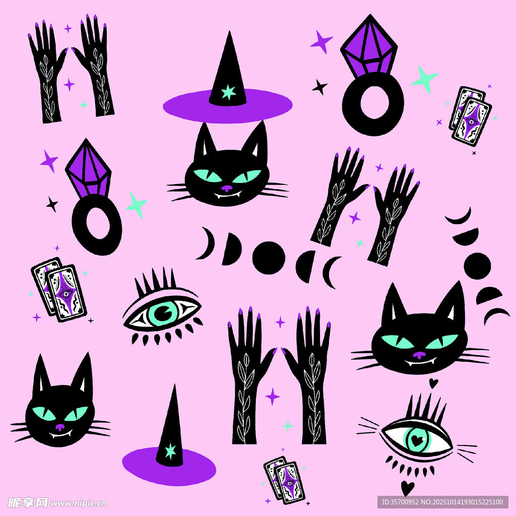 魔法黑猫与神秘元素图案