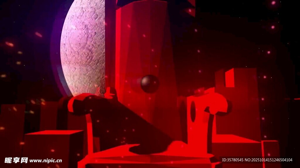 红色科幻场景中的奇异建筑