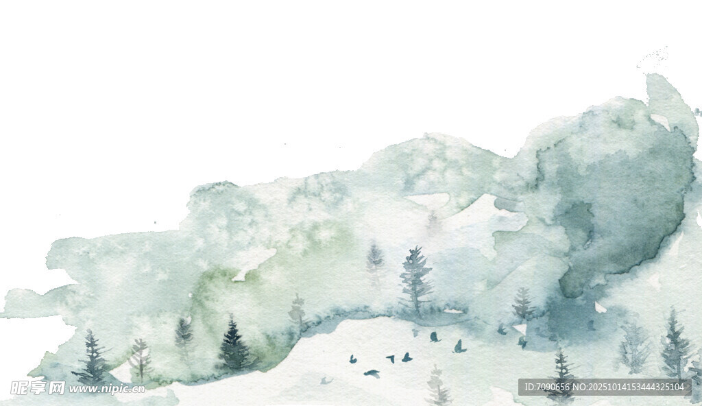 水彩绘就的静谧山林景色
