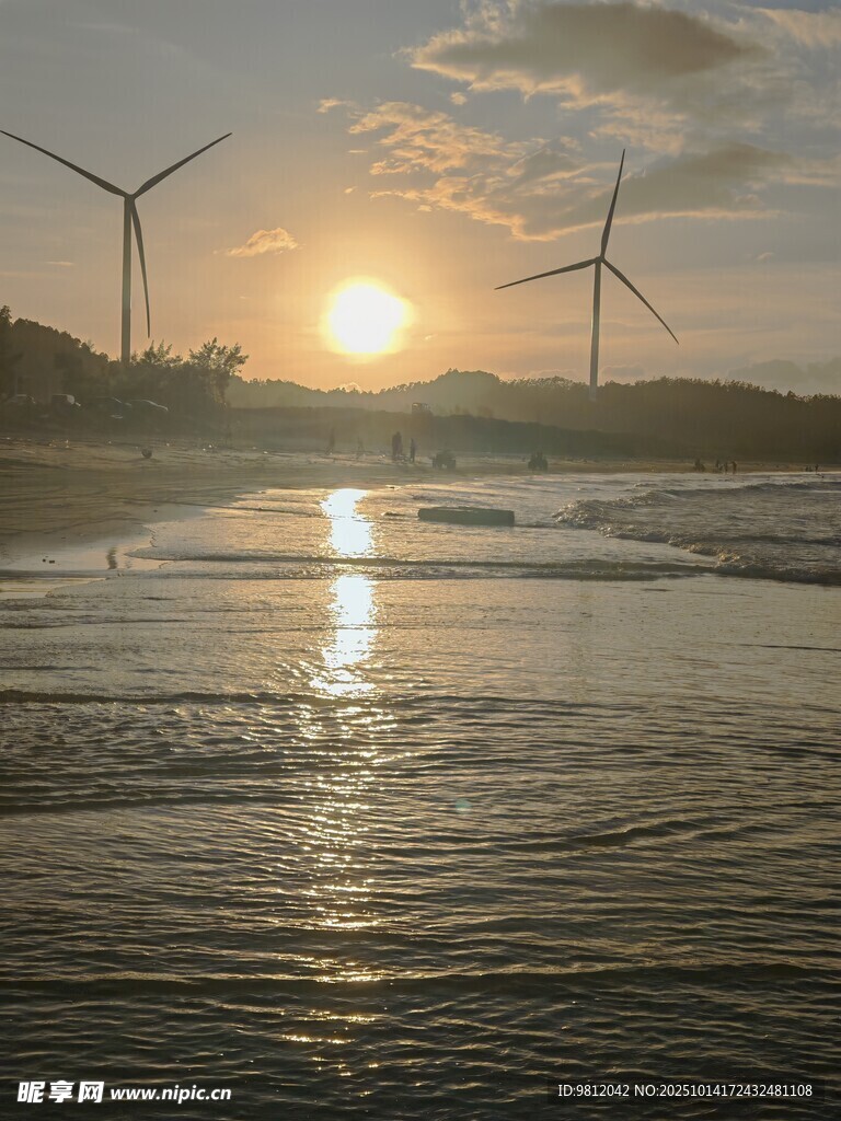 海边 日落  风力发电机 美景
