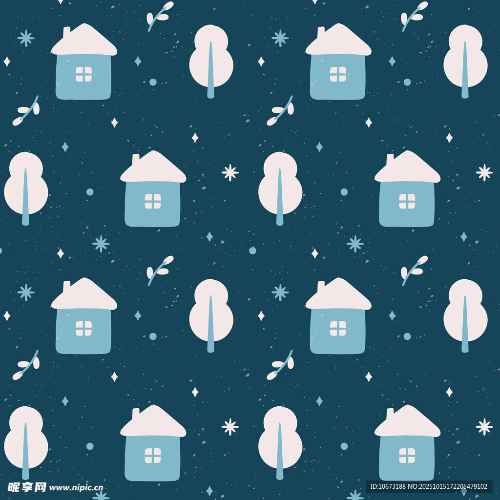 冬日小屋雪景无缝图案