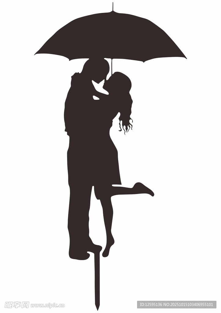 雨中情侣浪漫拥吻剪影