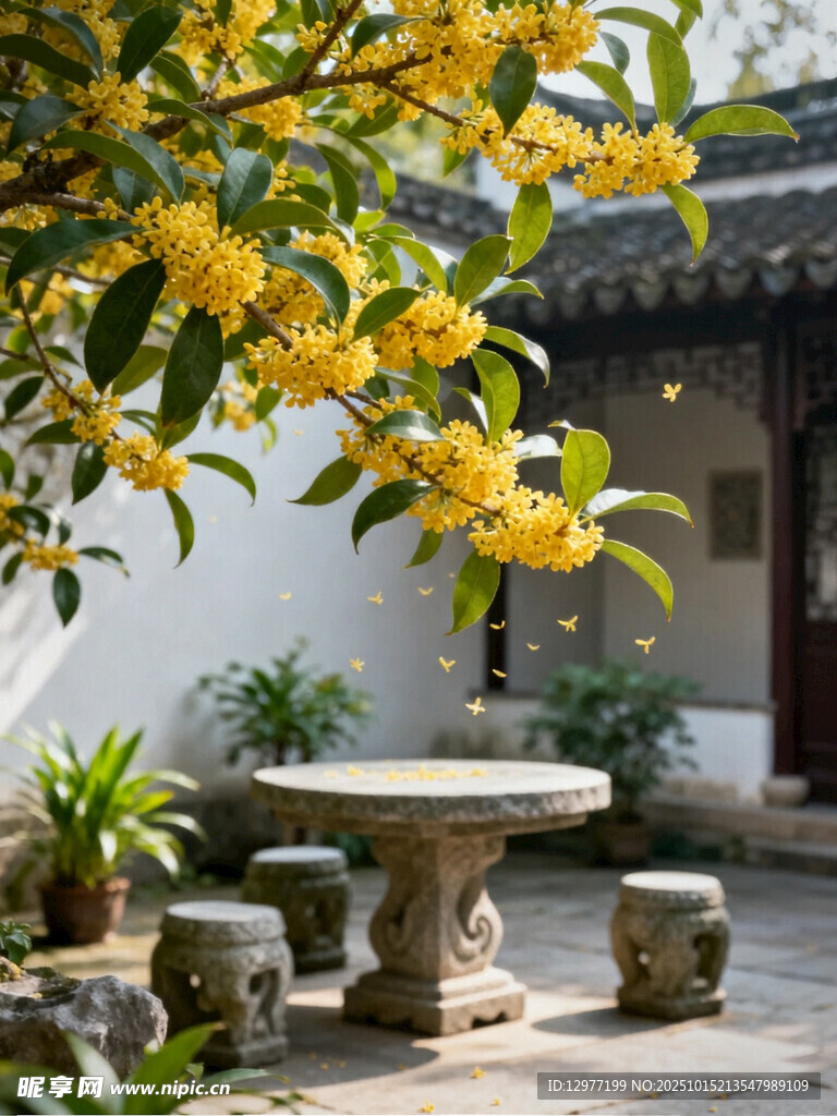 庭院桂花下的石桌石凳