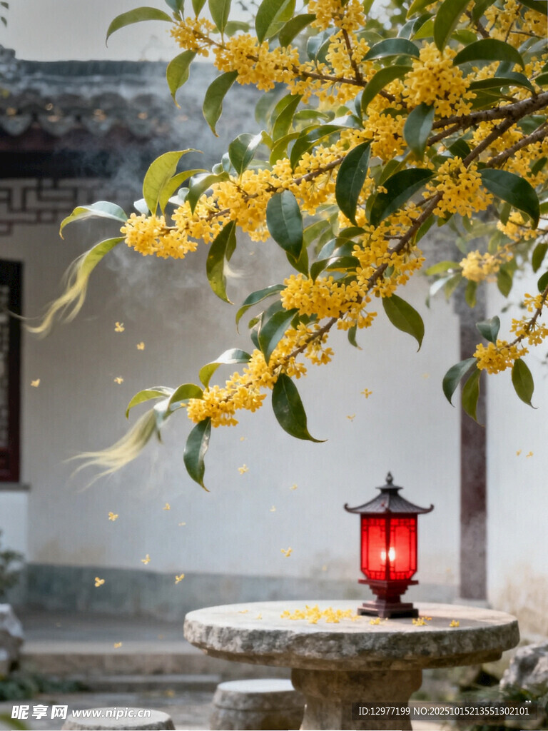 庭院桂花下的红灯笼