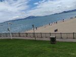 海滨美景 草地沙滩与远山