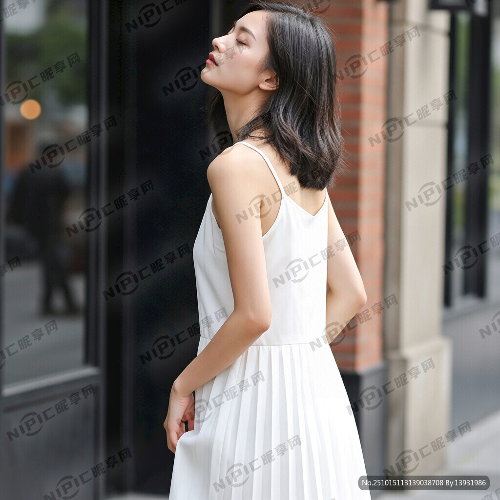身穿白色吊带裙美女 半侧身子