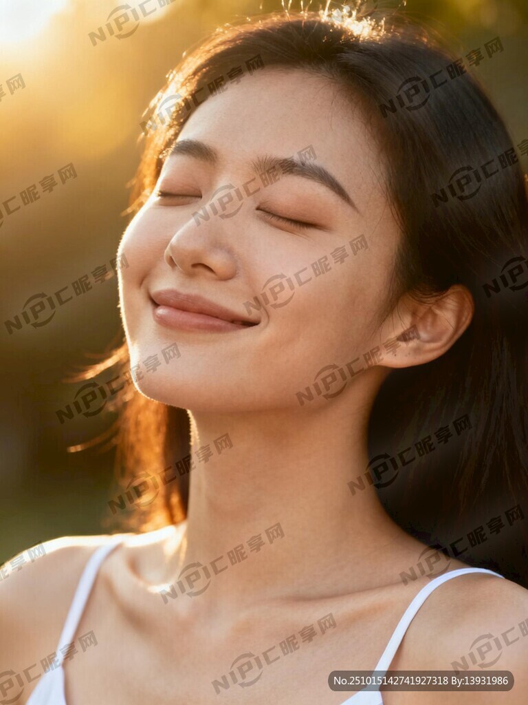 美女上半身高清照片  闭眼微笑