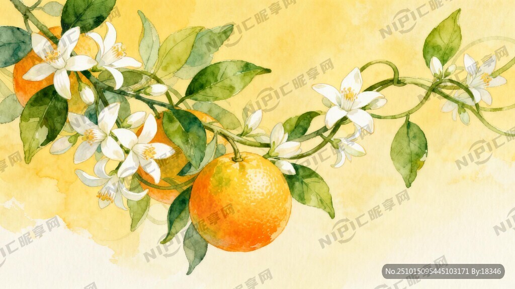 柑橘和绿叶藤白色的橙子花融为一