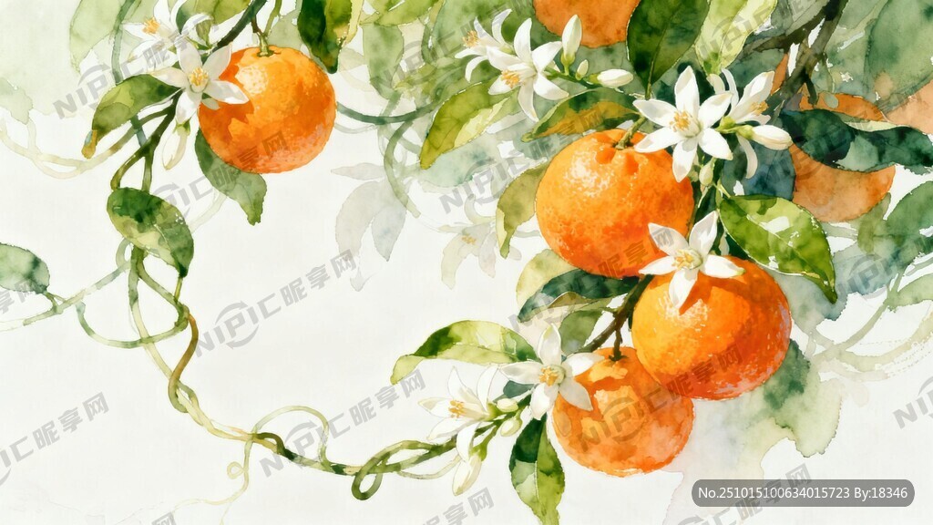 柑橘和绿叶藤白色的橙子花融为一