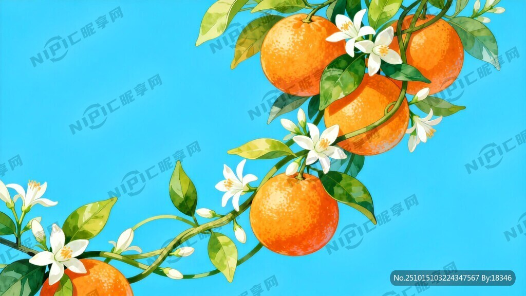 柑橘和绿叶藤白色的橙子花融为一