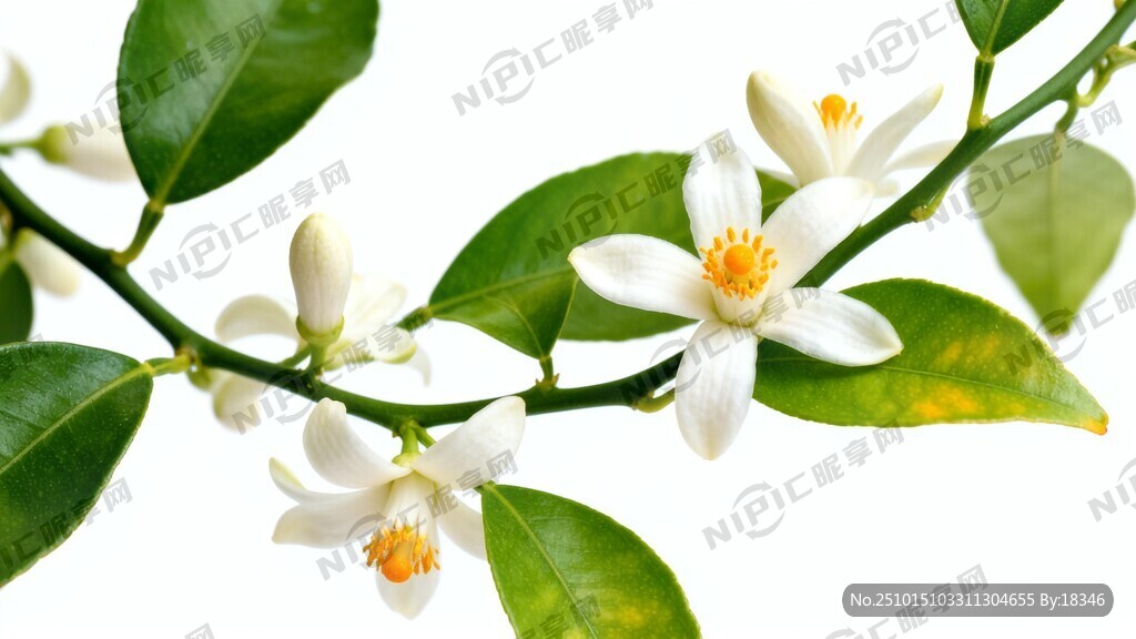 柑橘和绿叶藤白色的橙子花融为一
