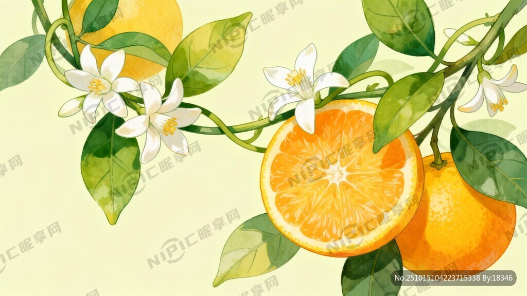 柑橘和绿叶藤白色的橙子花融为一