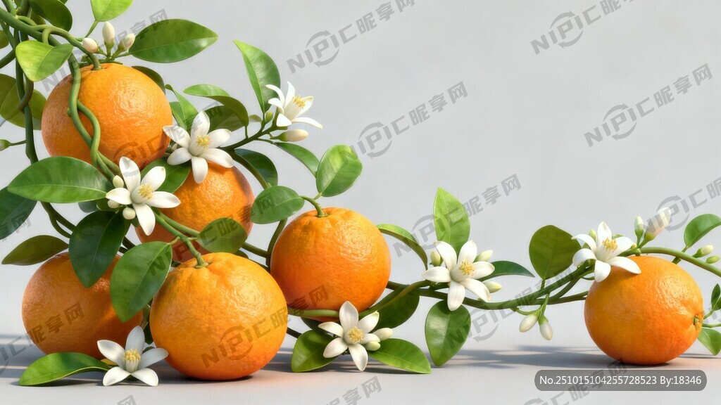 柑橘和绿叶藤白色的橙子花融为一