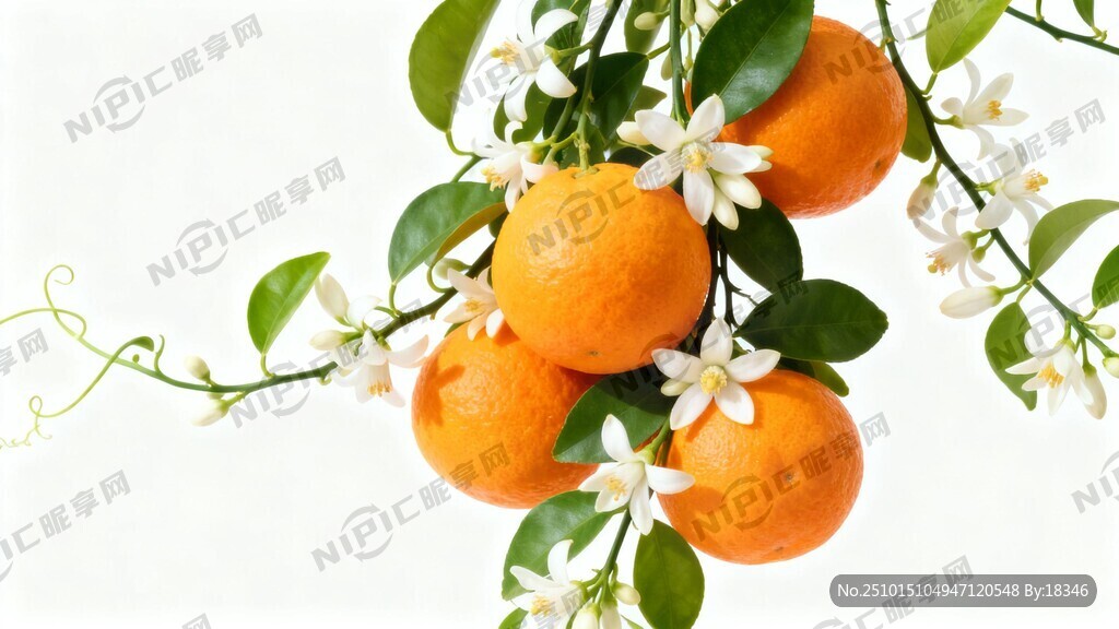 橙色柑橘和绿叶藤白色的橙子花融