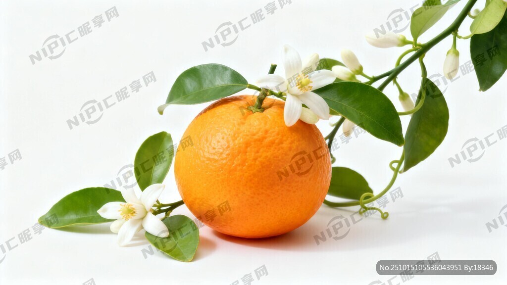 橙色柑橘和绿叶藤白色的橙子花融