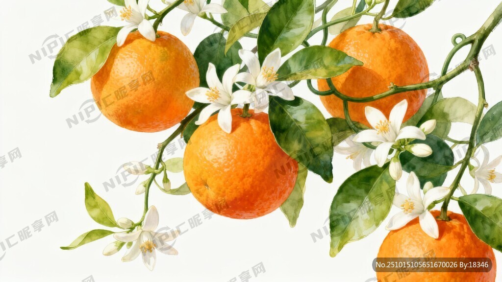 橙色柑橘和绿叶藤白色的橙子花融