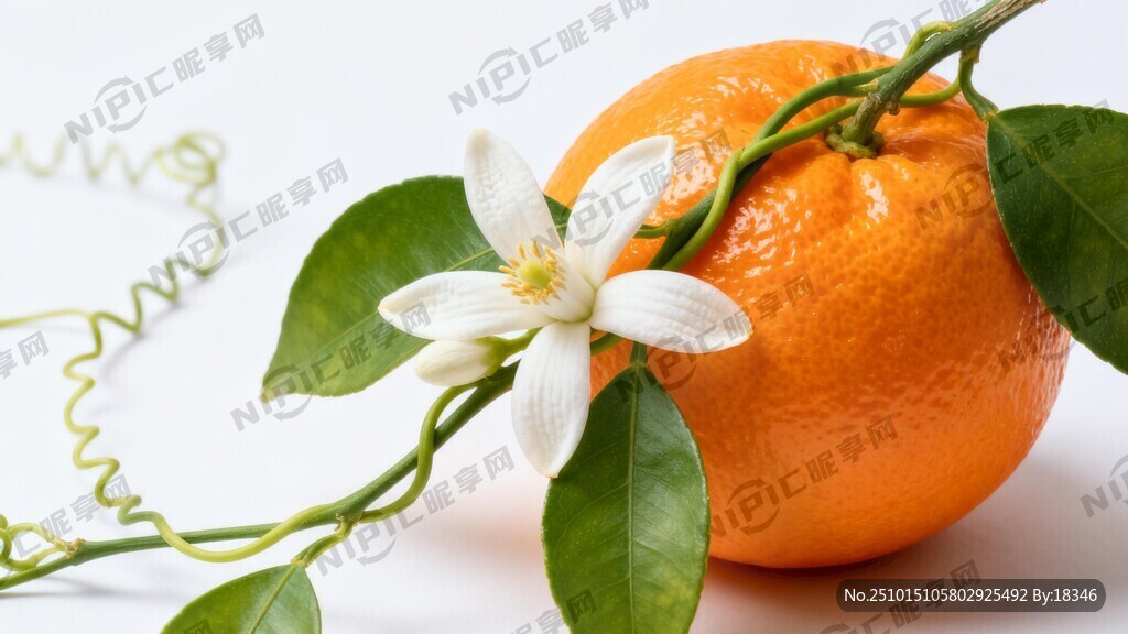 橙色柑橘和绿叶藤白色的橙子花融