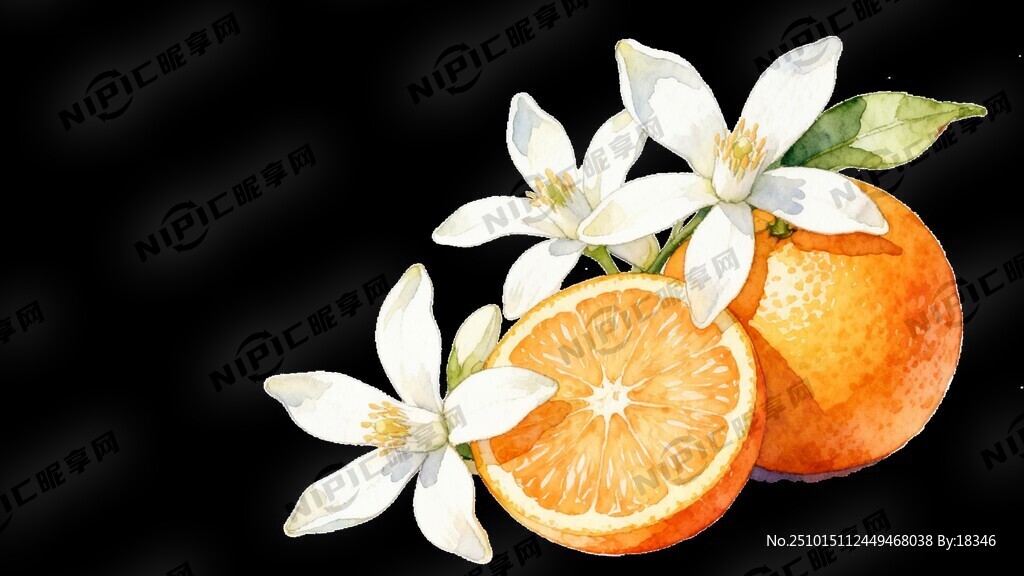 白色的橙花和橙子融为美丽的画