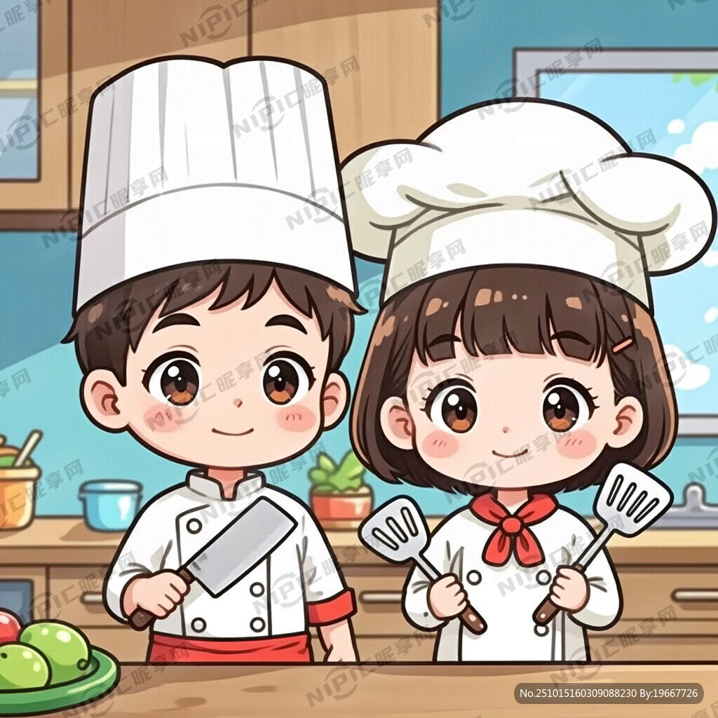 卡通小男孩厨师和小女孩厨师