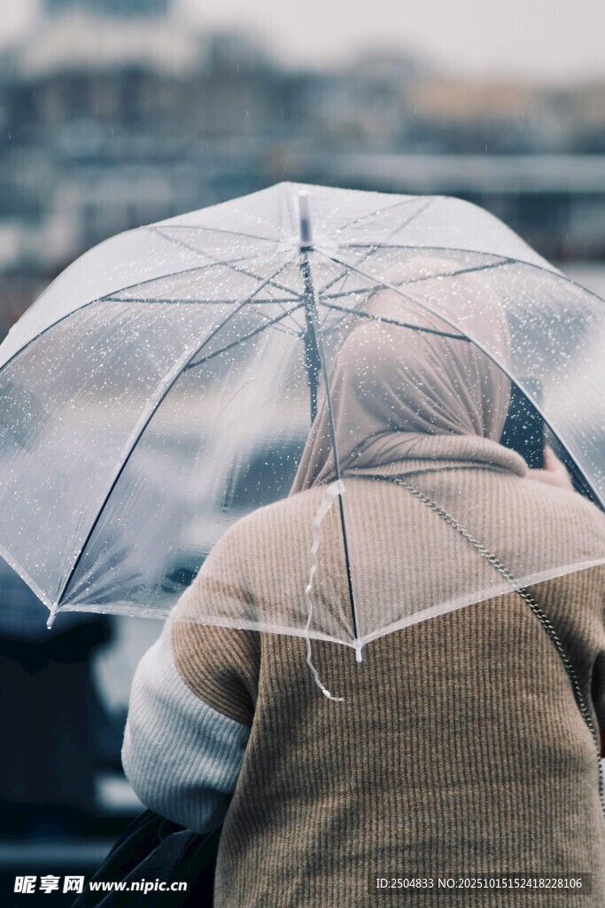 雨中撑透明伞的背影