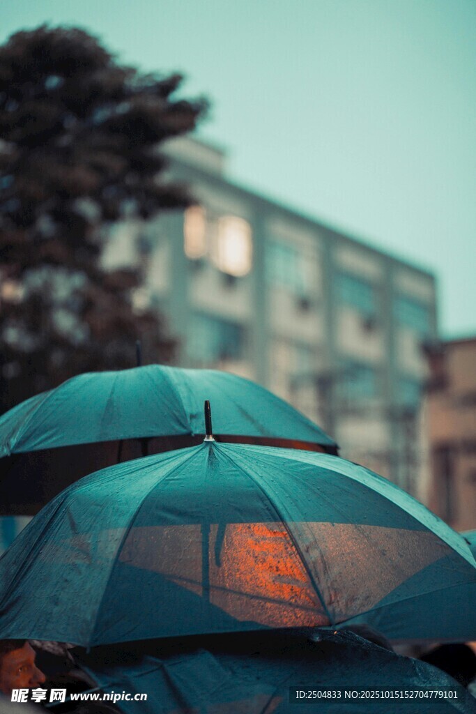 雨中叠放的绿色透明雨伞