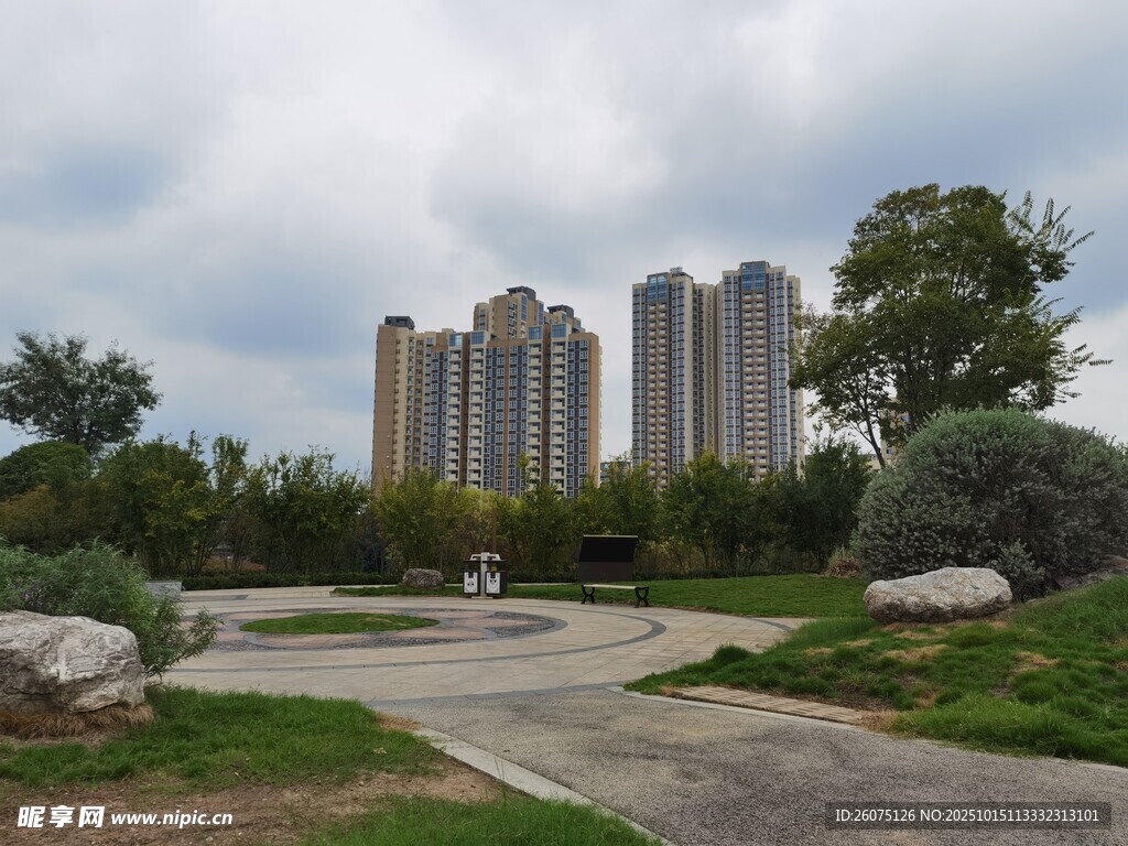 城市中高楼旁的开阔绿地