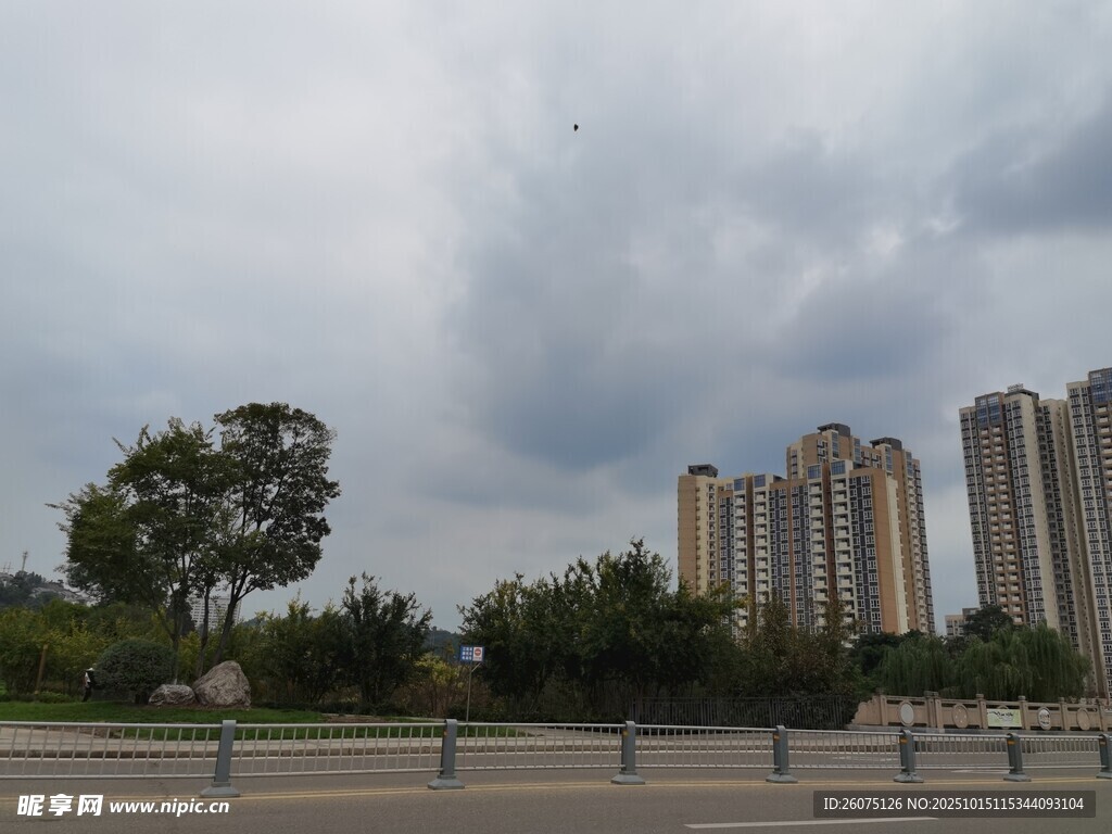 阴天下的城市高楼与绿树
