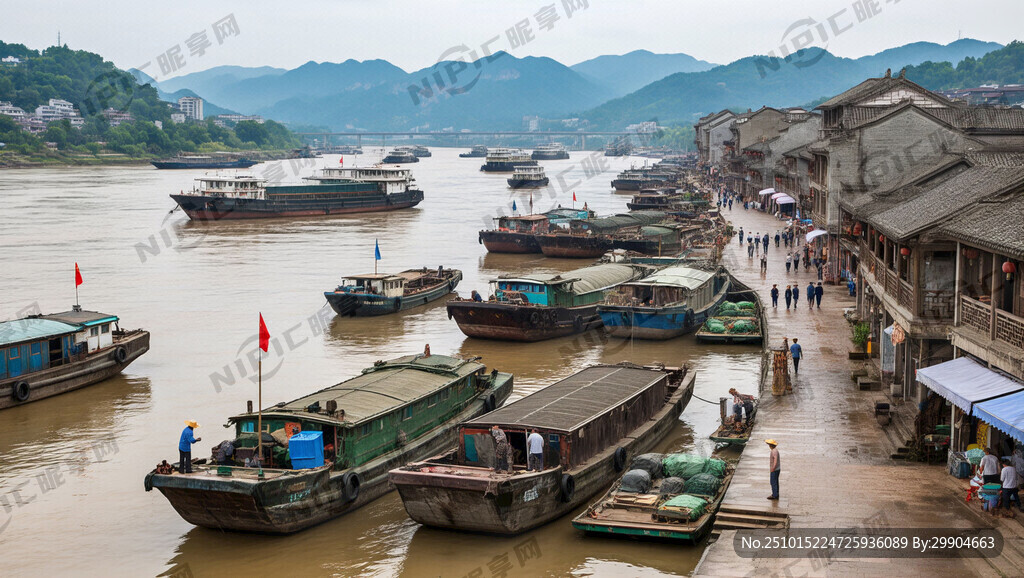 古代码头场景 大河横贯画面
