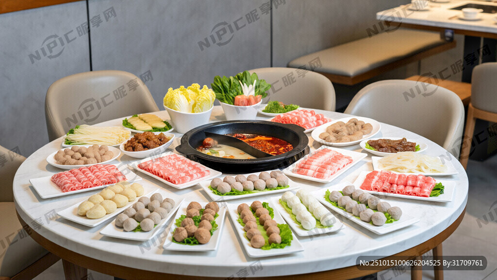 一个圆桌上摆满各种火锅食材：蔬