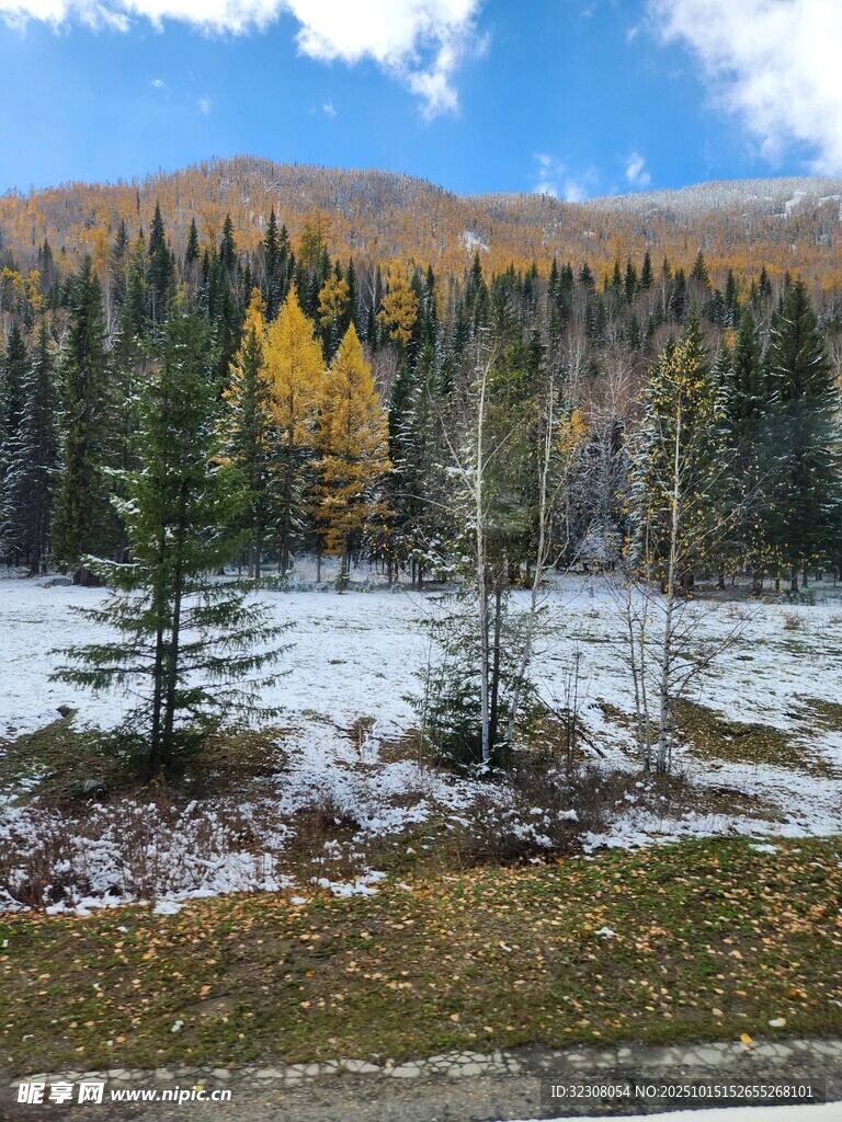 秋日山林雪景风光