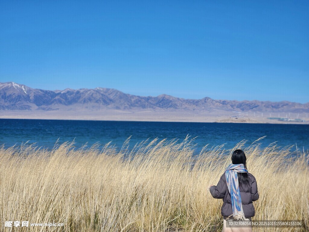 湖畔旅人赏景背影