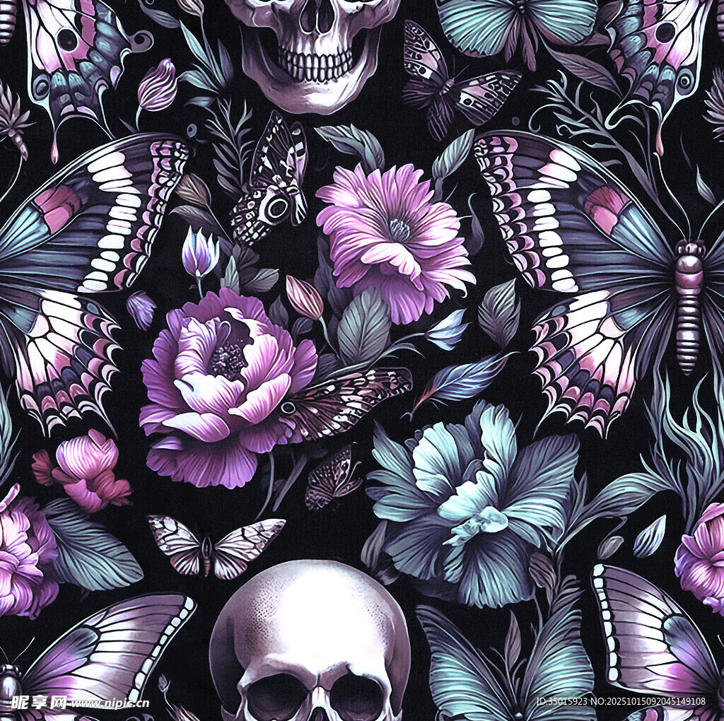 骷髅花卉蝴蝶奇幻图案